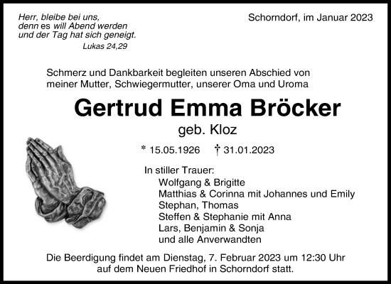 Traueranzeige von Gertrud Emma Bröcker von Waiblinger Kreiszeitung