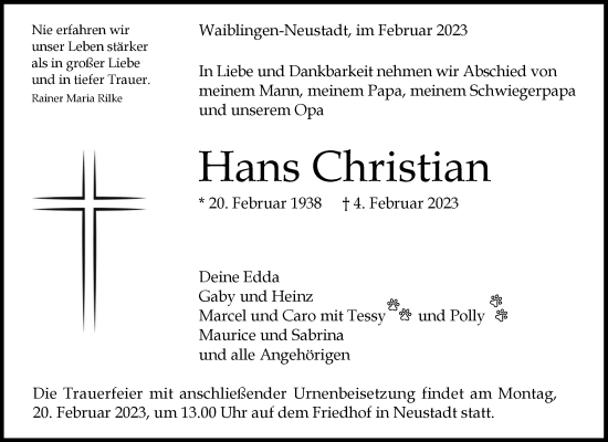 Traueranzeige von Hans Christian von Waiblinger Kreiszeitung