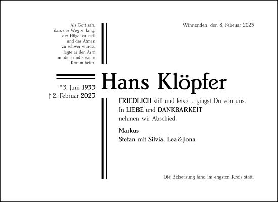 Traueranzeige von Hans Klöpfer von Waiblinger Kreiszeitung
