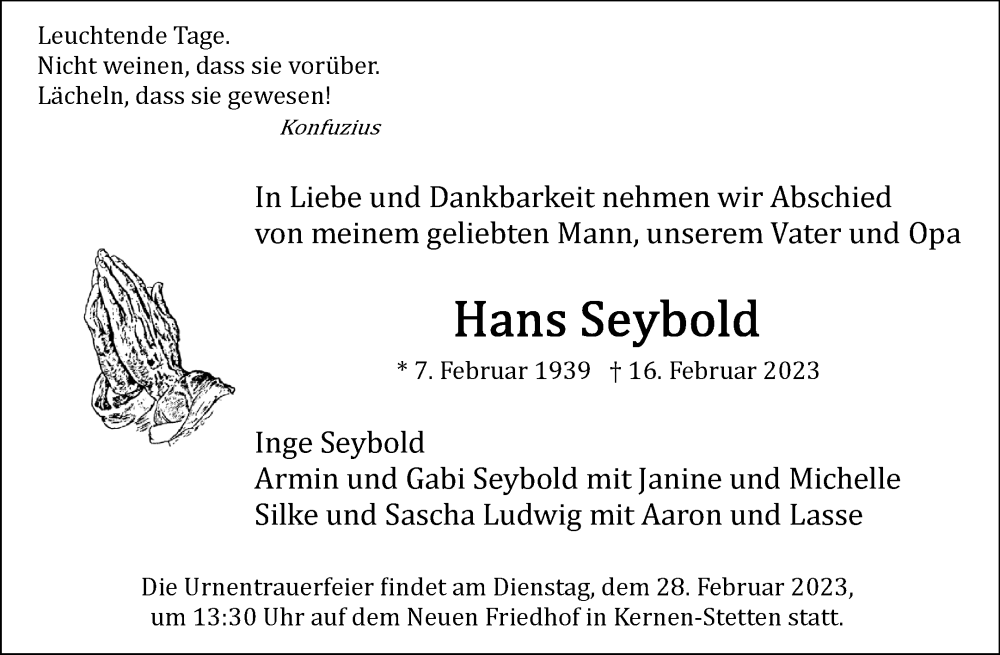  Traueranzeige für Hans Seybold vom 22.02.2023 aus Waiblinger Kreiszeitung