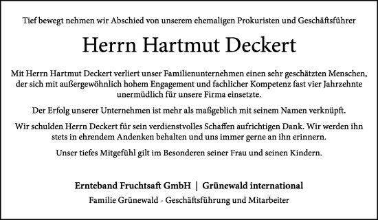 Traueranzeige von Hartmut Deckert von Waiblinger Kreiszeitung