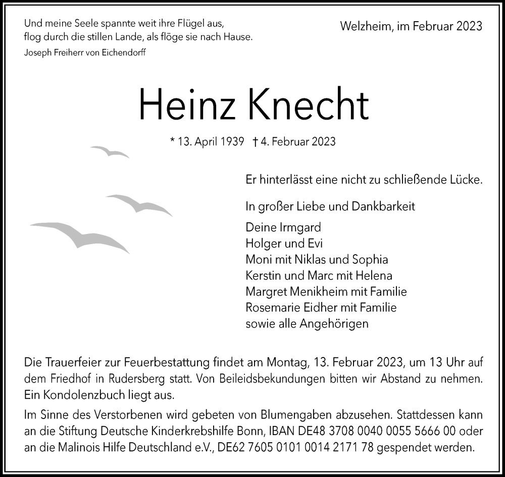  Traueranzeige für Heinz Knecht vom 08.02.2023 aus Waiblinger Kreiszeitung