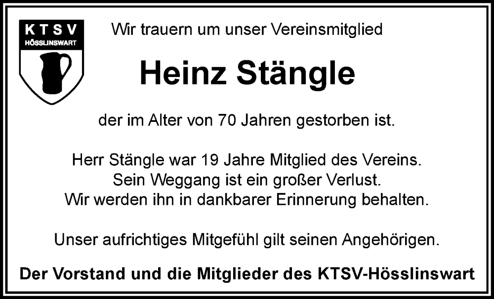  Traueranzeige für Heinz Stängle vom 18.02.2023 aus Waiblinger Kreiszeitung