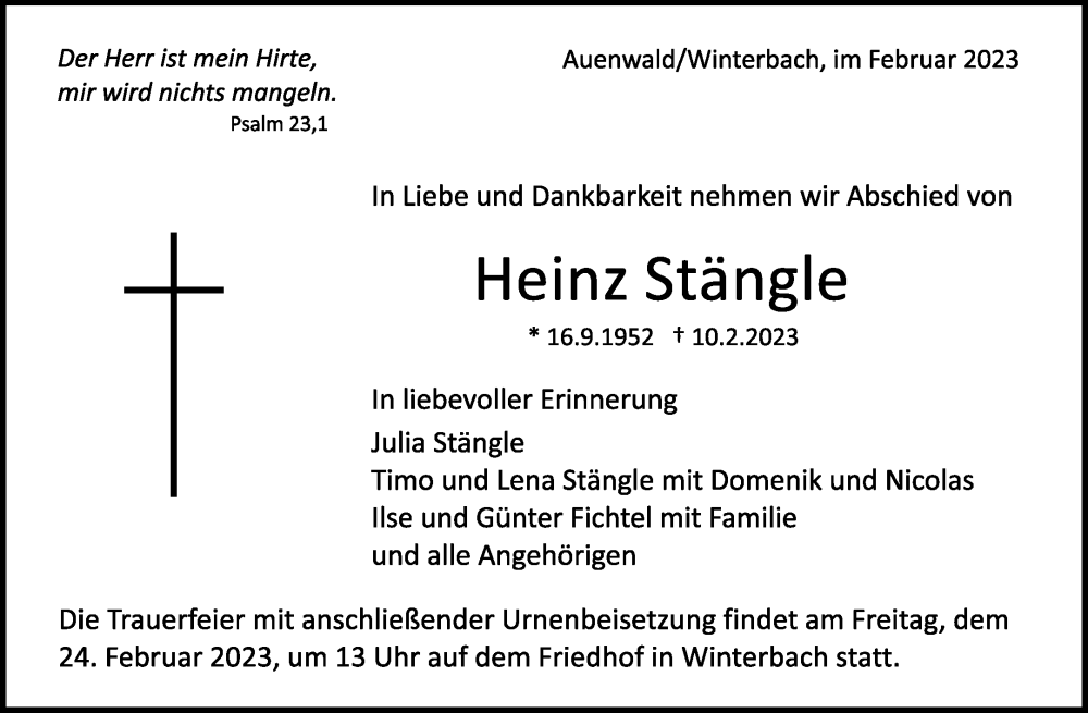  Traueranzeige für Heinz Stängle vom 18.02.2023 aus Waiblinger Kreiszeitung