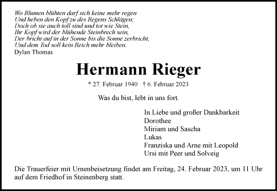 Traueranzeige von Hermann Rieger von Waiblinger Kreiszeitung