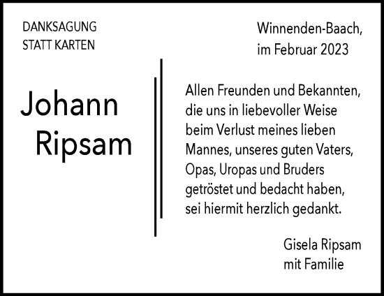 Traueranzeige von Johann Ripsam von Waiblinger Kreiszeitung