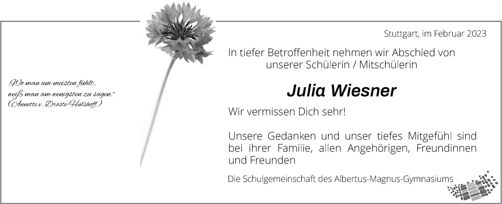  Traueranzeige für Julia Wiesner vom 10.02.2023 aus Waiblinger Kreiszeitung