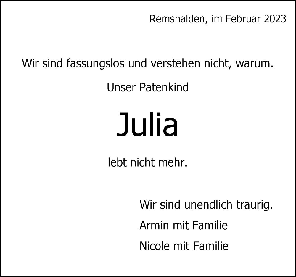  Traueranzeige für Julia Wiesner vom 08.02.2023 aus Waiblinger Kreiszeitung