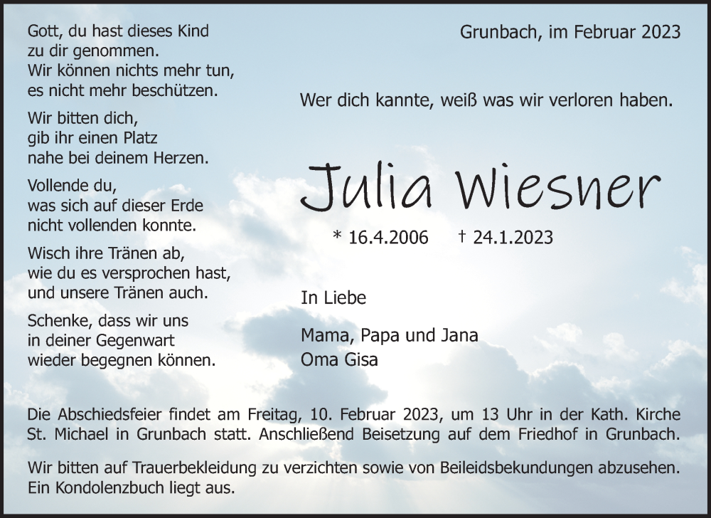  Traueranzeige für Julia Wiesner vom 08.02.2023 aus Waiblinger Kreiszeitung
