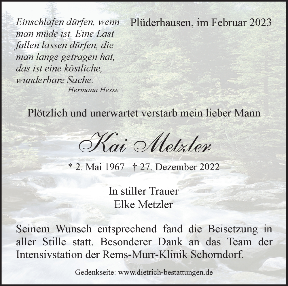  Traueranzeige für Kai Metzler vom 07.02.2023 aus Waiblinger Kreiszeitung