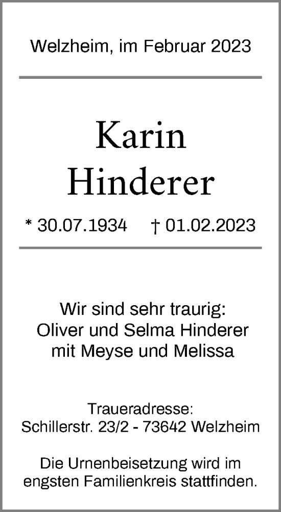 Traueranzeige von Karin Hinderer von Waiblinger Kreiszeitung
