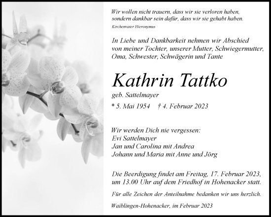 Traueranzeige von Kathrin Tattko von Waiblinger Kreiszeitung