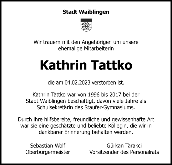Traueranzeige von Kathrin Tattko von Waiblinger Kreiszeitung