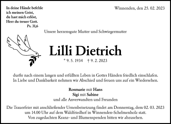 Traueranzeige von Lilli Dietrich von Waiblinger Kreiszeitung
