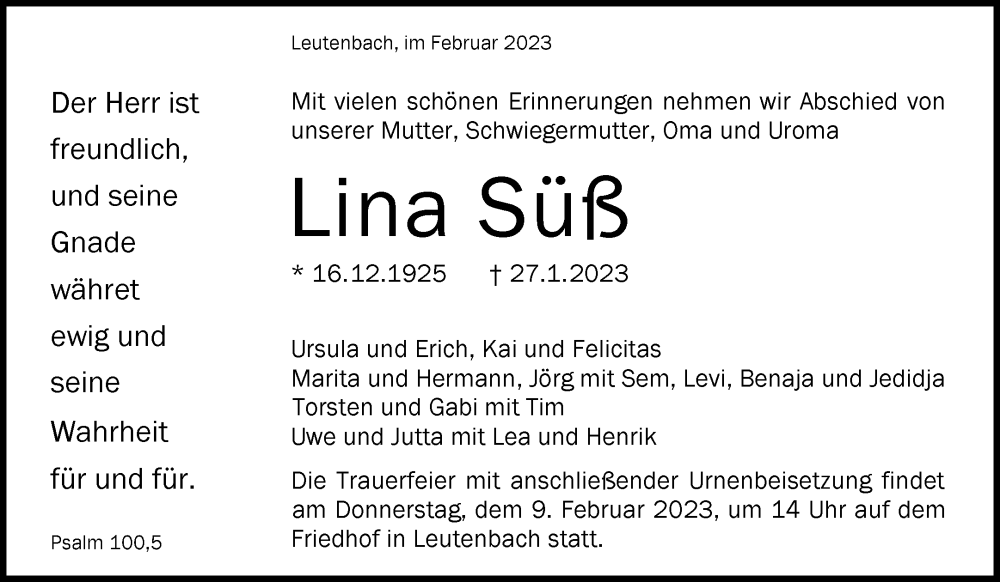  Traueranzeige für Lina Süß vom 04.02.2023 aus Waiblinger Kreiszeitung