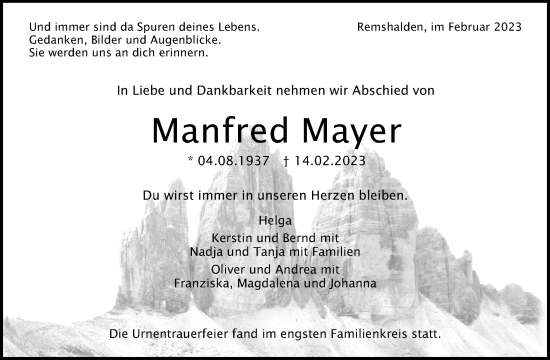 Traueranzeige von Manfred Mayer von Waiblinger Kreiszeitung