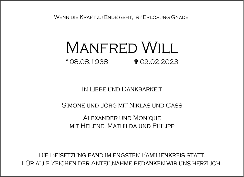  Traueranzeige für Manfred Will vom 22.02.2023 aus Waiblinger Kreiszeitung