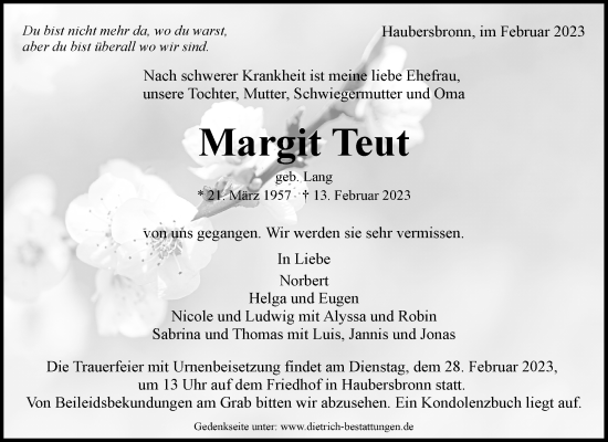 Traueranzeige von Margit Teut von Waiblinger Kreiszeitung