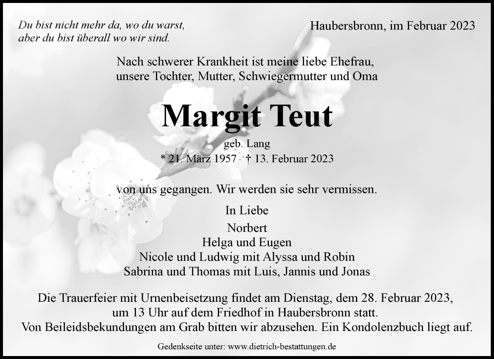  Traueranzeige für Margit Teut vom 23.02.2023 aus Waiblinger Kreiszeitung