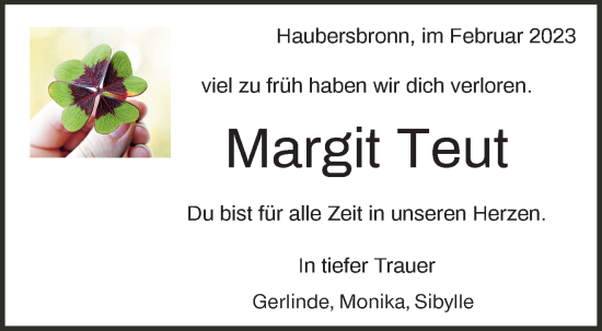 Traueranzeige von Margit Teut von Waiblinger Kreiszeitung