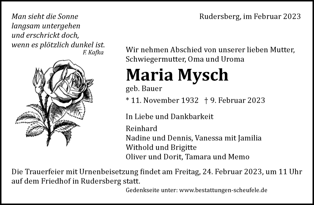 Traueranzeige für Maria Mysch vom 21.02.2023 aus Waiblinger Kreiszeitung