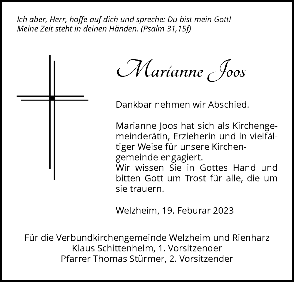  Traueranzeige für Marianne Joos vom 21.02.2023 aus Waiblinger Kreiszeitung