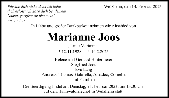 Traueranzeige von Marianne Joos von Waiblinger Kreiszeitung