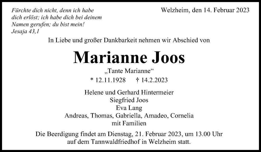  Traueranzeige für Marianne Joos vom 17.02.2023 aus Waiblinger Kreiszeitung