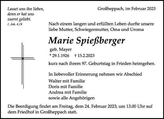 Traueranzeige von Marie Spießberger von Waiblinger Kreiszeitung