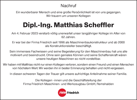 Traueranzeige von Matthias Scheffler von Waiblinger Kreiszeitung