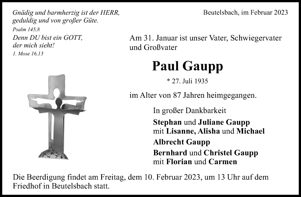  Traueranzeige für Paul Gaupp vom 04.02.2023 aus Waiblinger Kreiszeitung
