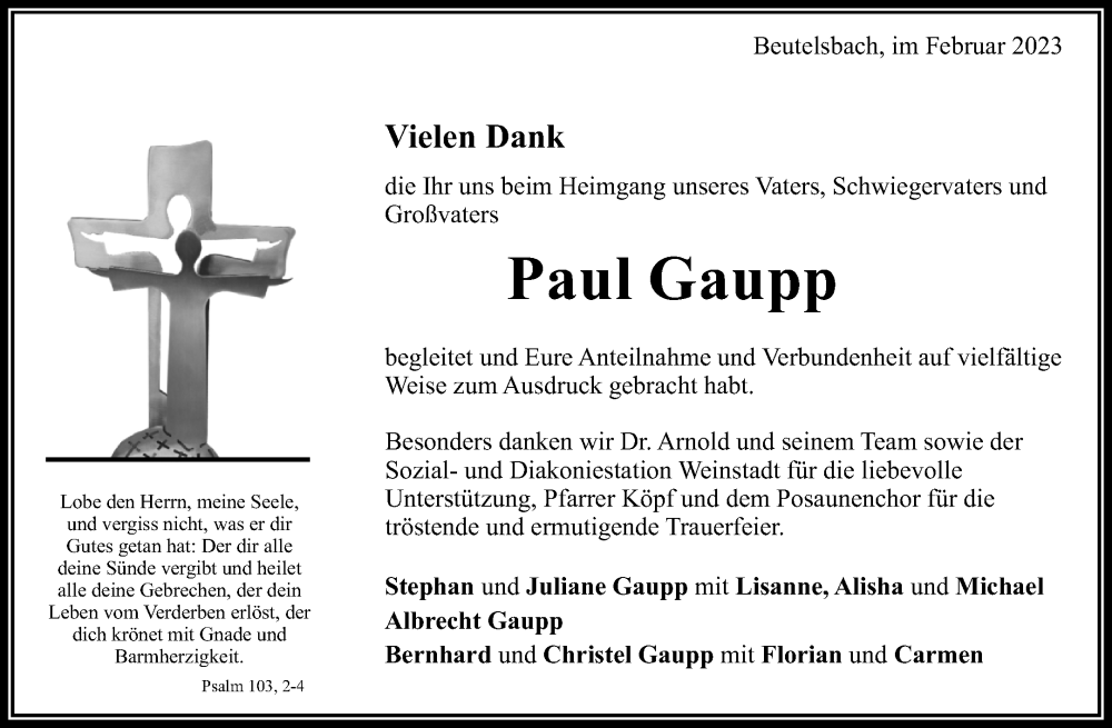  Traueranzeige für Paul Gaupp vom 25.02.2023 aus Waiblinger Kreiszeitung