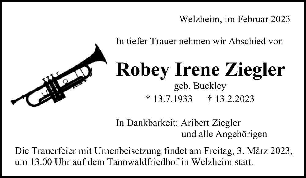  Traueranzeige für Robey Irene Ziegler vom 28.02.2023 aus Waiblinger Kreiszeitung