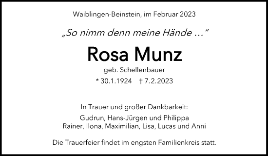 Traueranzeige von Rosa Munz von Waiblinger Kreiszeitung