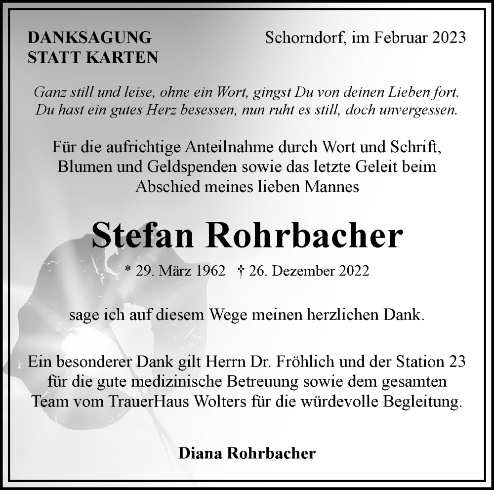  Traueranzeige für Stefan Rohrbacher vom 11.02.2023 aus Waiblinger Kreiszeitung