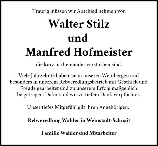 Traueranzeige von Walter Stilz und Manfred Hofmeister von Waiblinger Kreiszeitung