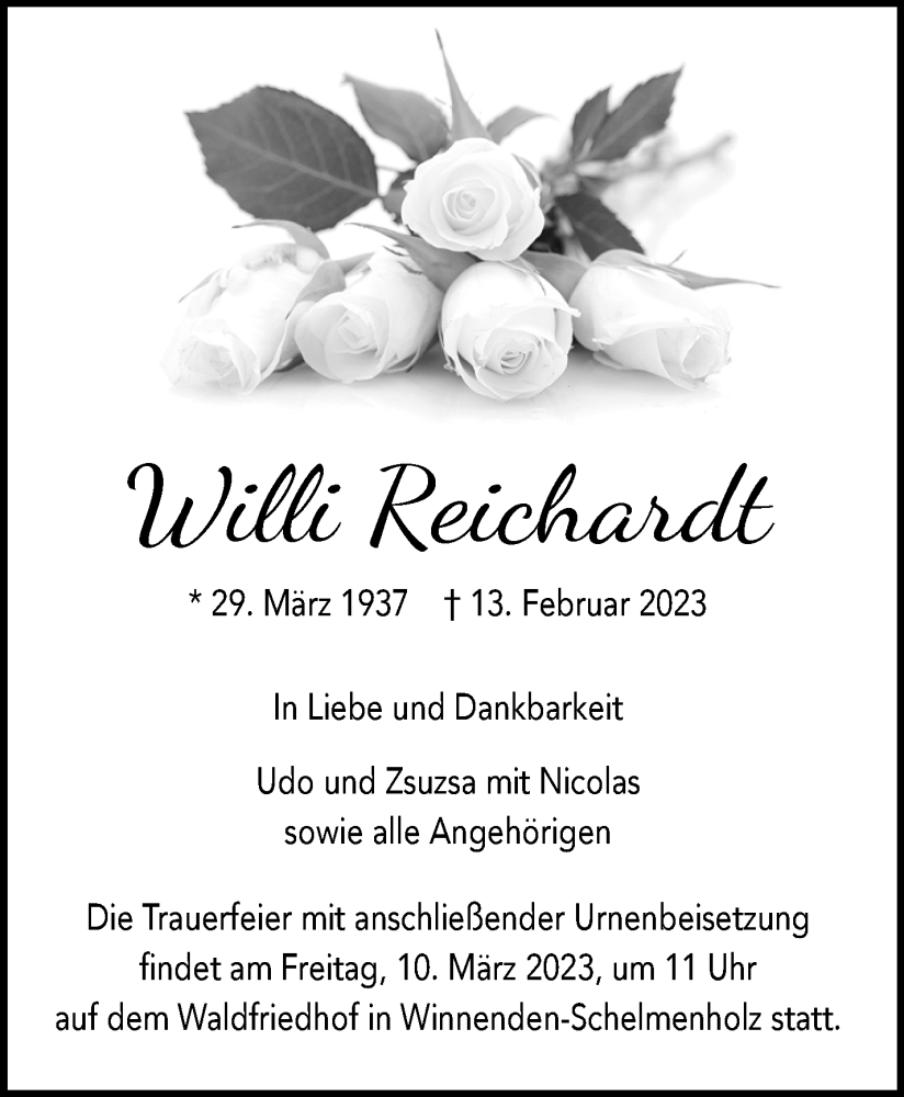  Traueranzeige für Willi Reichardt vom 25.02.2023 aus Waiblinger Kreiszeitung