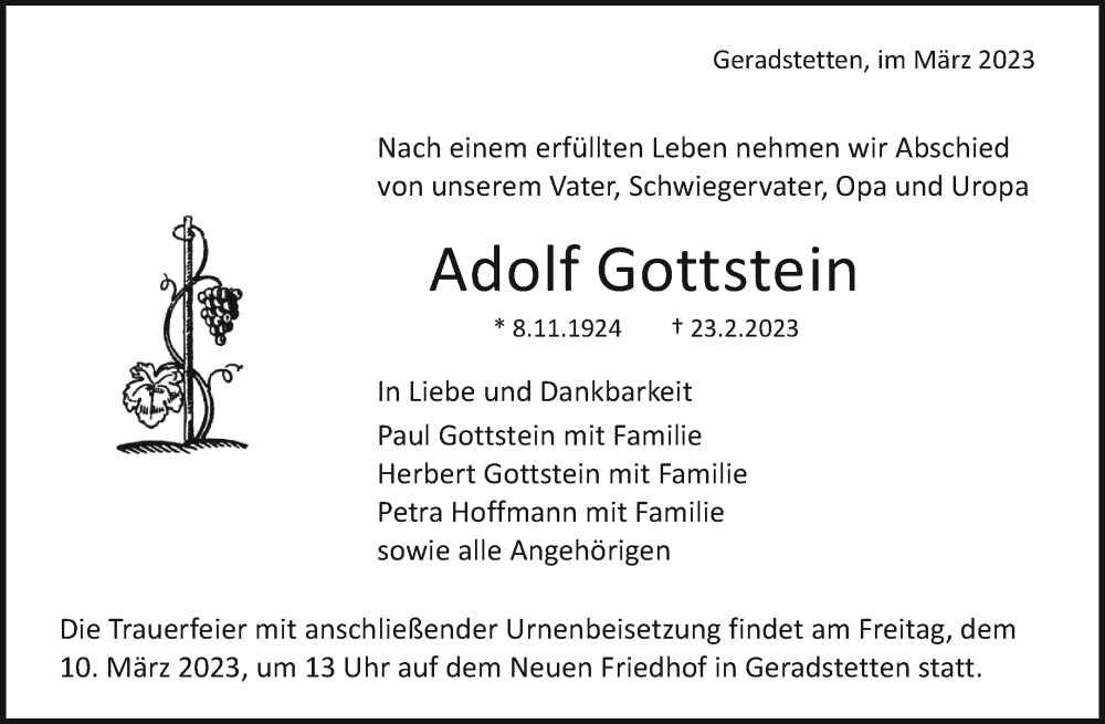  Traueranzeige für Adolf Gottstein vom 07.03.2023 aus Waiblinger Kreiszeitung