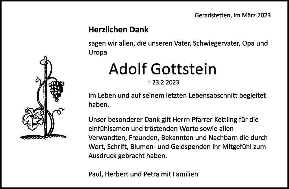  Traueranzeige für Adolf Gottstein vom 22.03.2023 aus Waiblinger Kreiszeitung