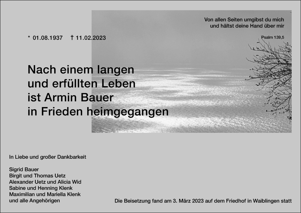  Traueranzeige für Armin Bauer vom 04.03.2023 aus Waiblinger Kreiszeitung