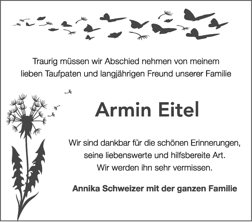  Traueranzeige für Armin Eitel vom 25.03.2023 aus Waiblinger Kreiszeitung