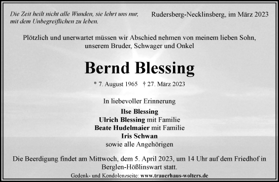 Traueranzeige von Bernd Blessing von Waiblinger Kreiszeitung