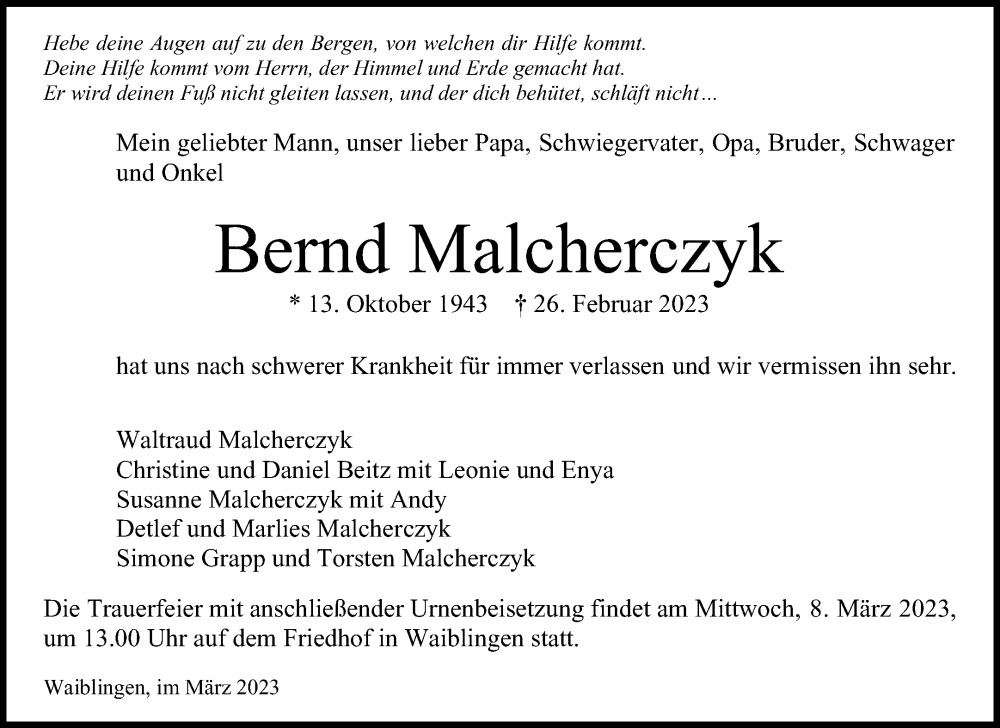  Traueranzeige für Bernd Malcherczyk vom 04.03.2023 aus Waiblinger Kreiszeitung