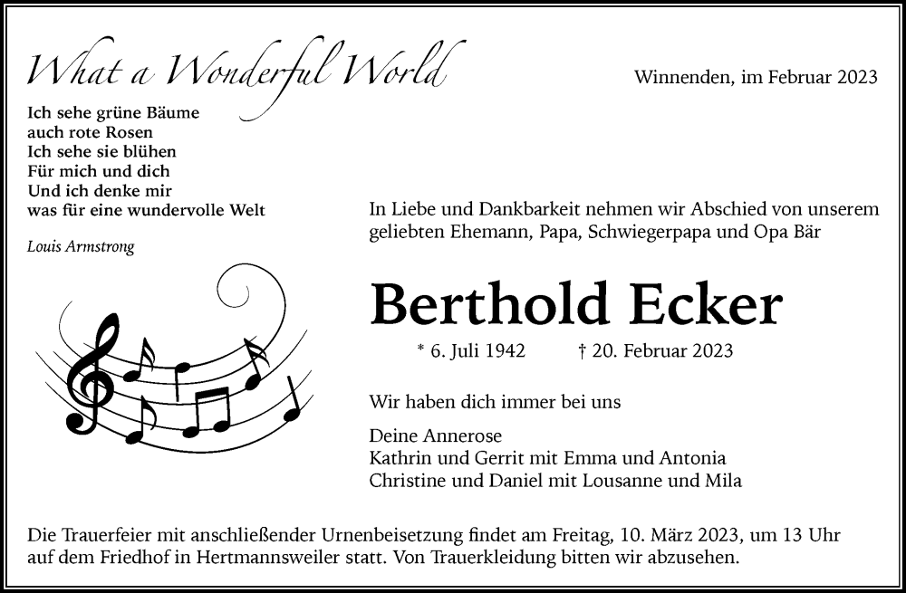  Traueranzeige für Berthold Ecker vom 04.03.2023 aus Waiblinger Kreiszeitung