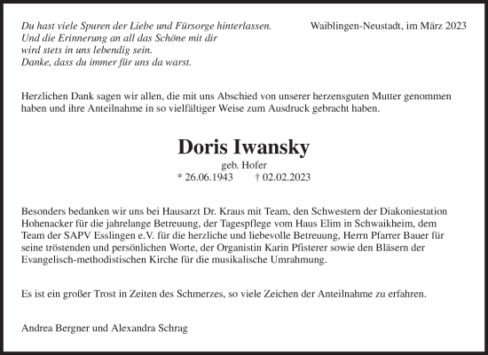 Traueranzeige von Doris Iwansky von Waiblinger Kreiszeitung
