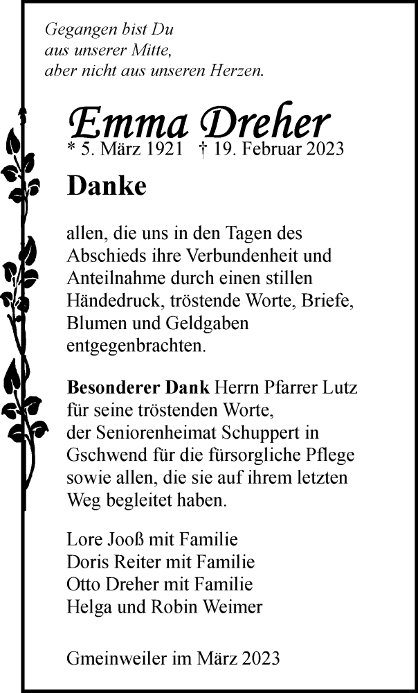  Traueranzeige für Emma Dreher vom 24.03.2023 aus Waiblinger Kreiszeitung