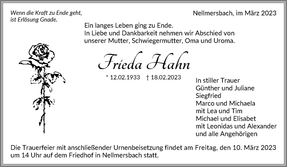  Traueranzeige für Frieda Hahn vom 03.03.2023 aus Waiblinger Kreiszeitung