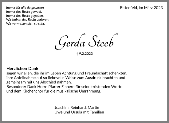 Traueranzeige von Gerda Steeb von Waiblinger Kreiszeitung