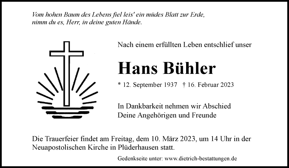  Traueranzeige für Hans Bühler vom 03.03.2023 aus Waiblinger Kreiszeitung