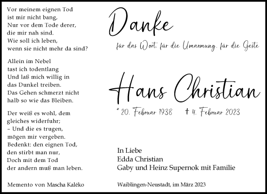 Traueranzeige von Hans Christian von Waiblinger Kreiszeitung